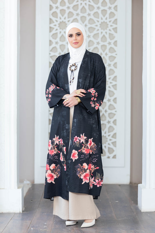 Floral kimono with intricate white pattern backdrop