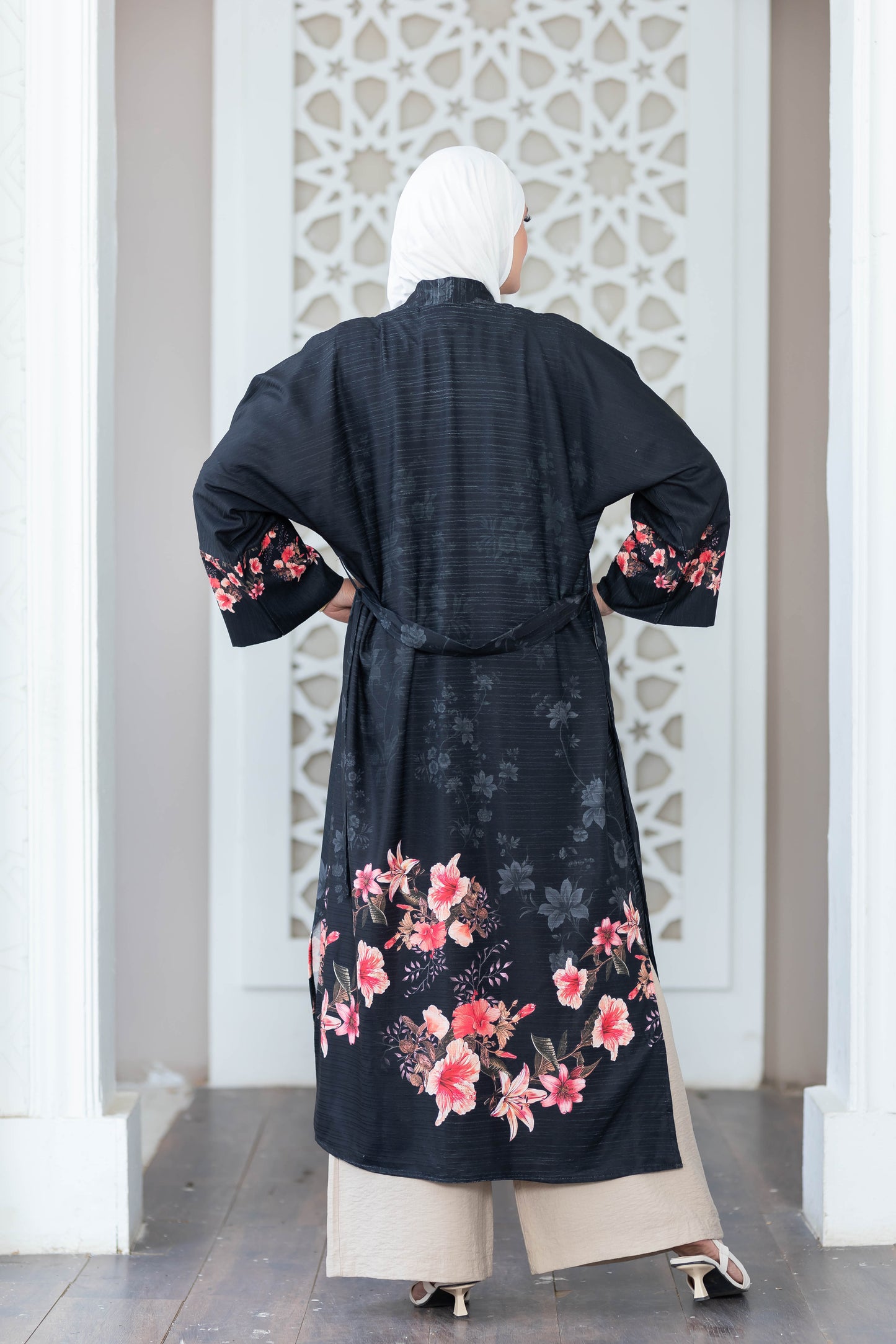 Elegant floral print kimono with ornate embroidery on black background