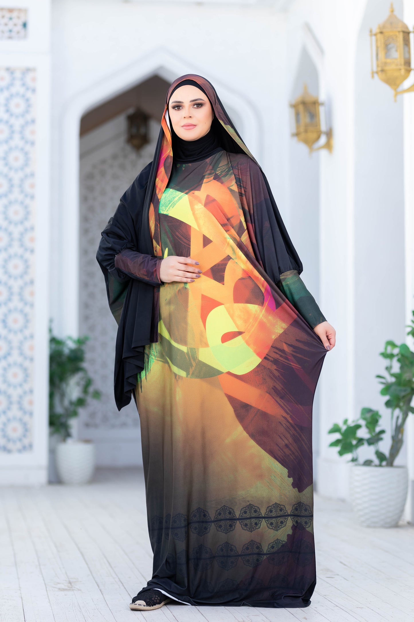 Modest Isdal 77717 - Vibrant printed maxi dress with hijab, elegant Islamic fashion accessory, architectural backdrop