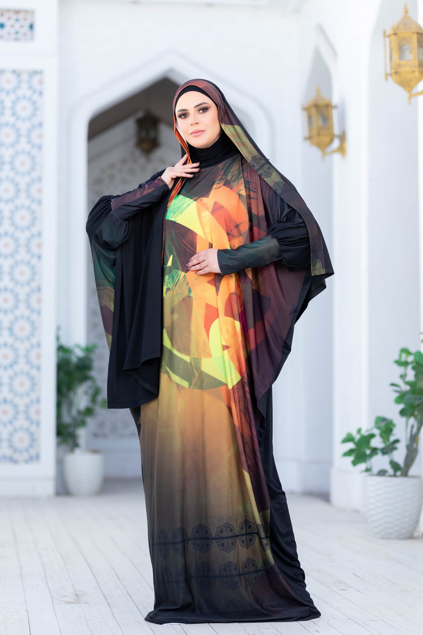 Modest Isdal 77717: Vibrant Islamic fashion in front of architectural backdrop