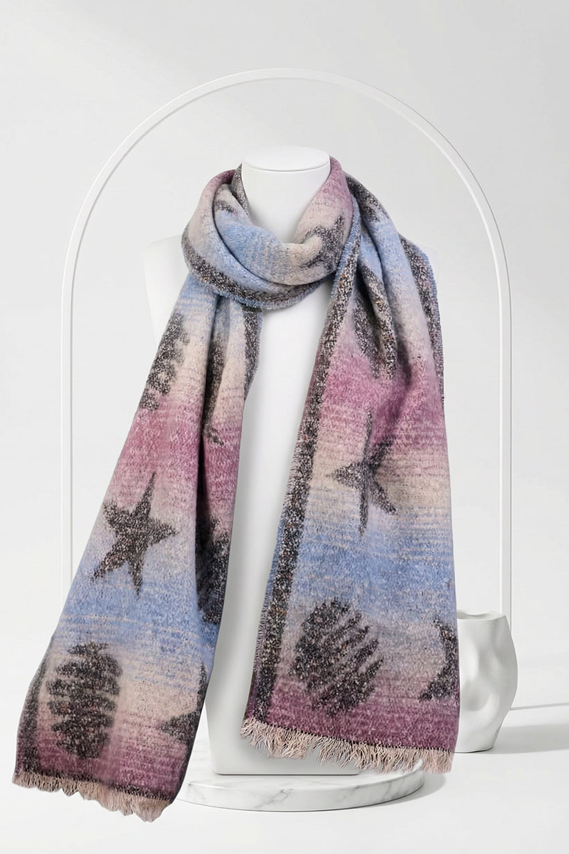 Multicolored scarf with star pattern on a mannequin against a white background
