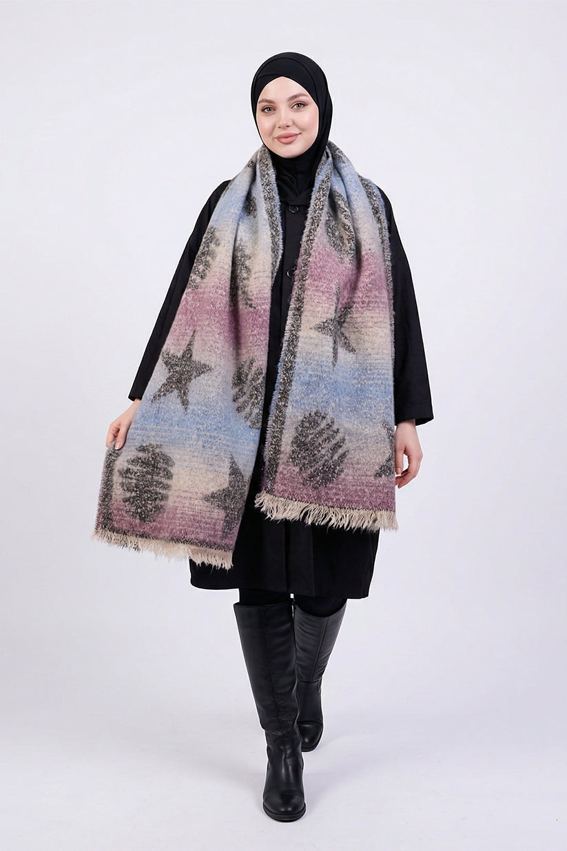 Person wearing a patterned scarf with star designs on a white background