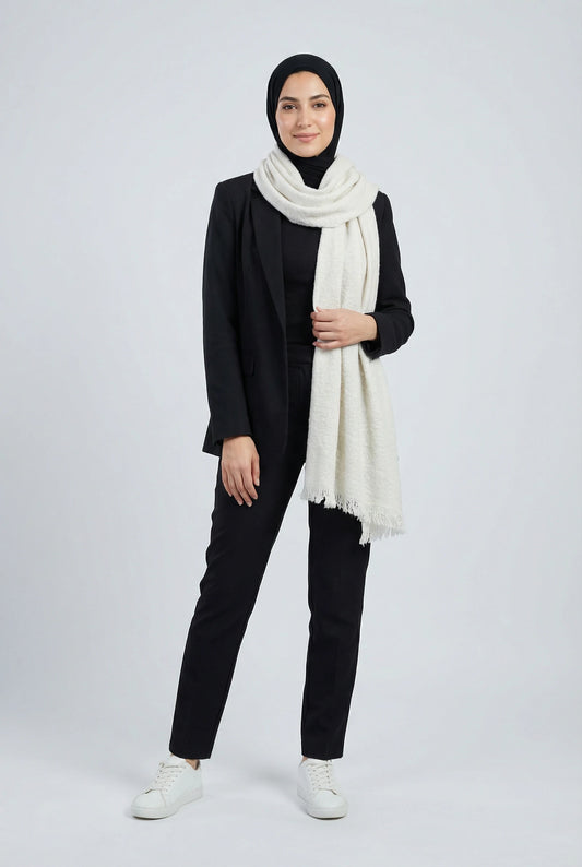 Person wearing a black outfit with a white scarf on a white background