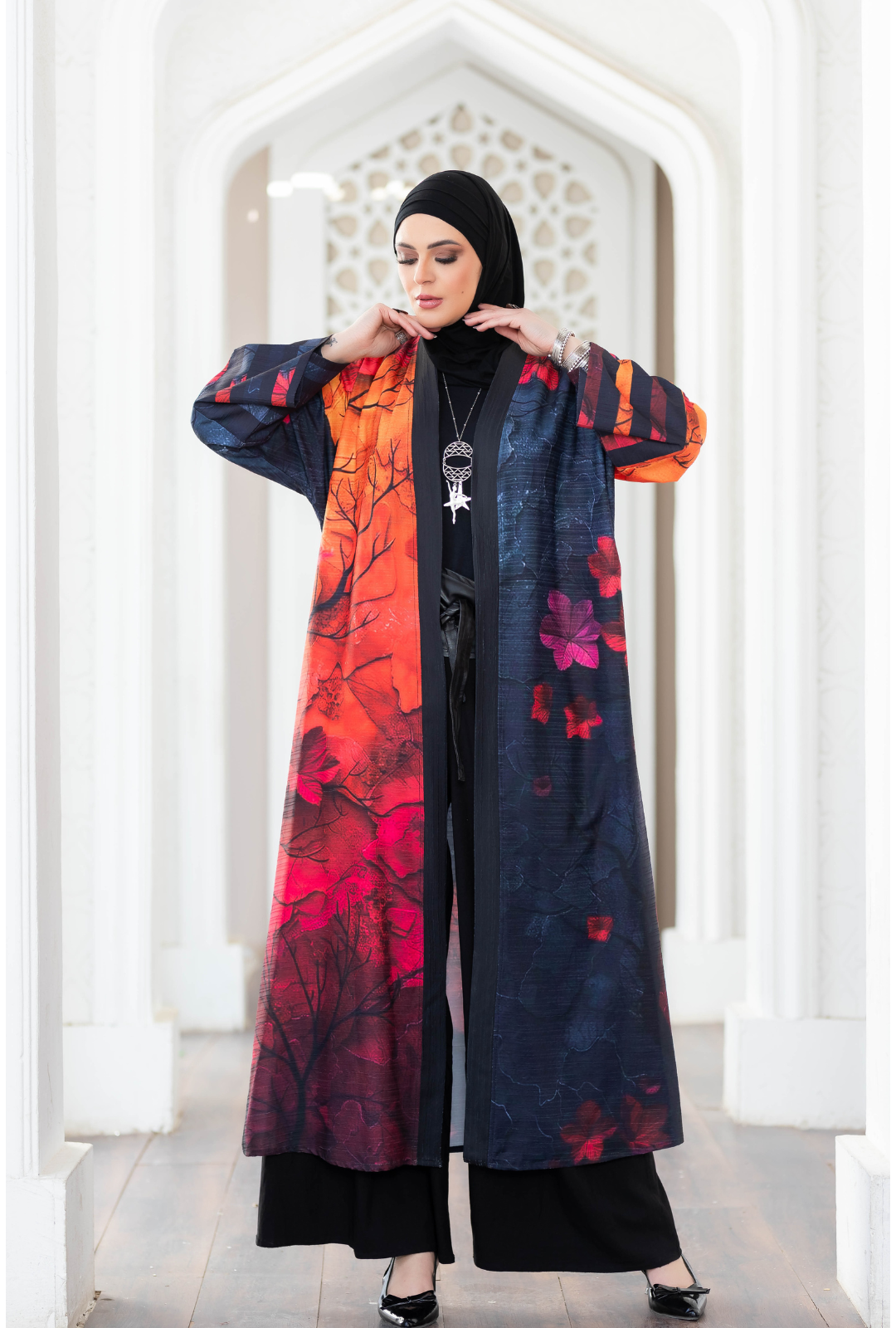 Vibrant digital print kimono from satr store, featuring bold floral patterns in shades of red and blue, designed for a stylish and modern look.