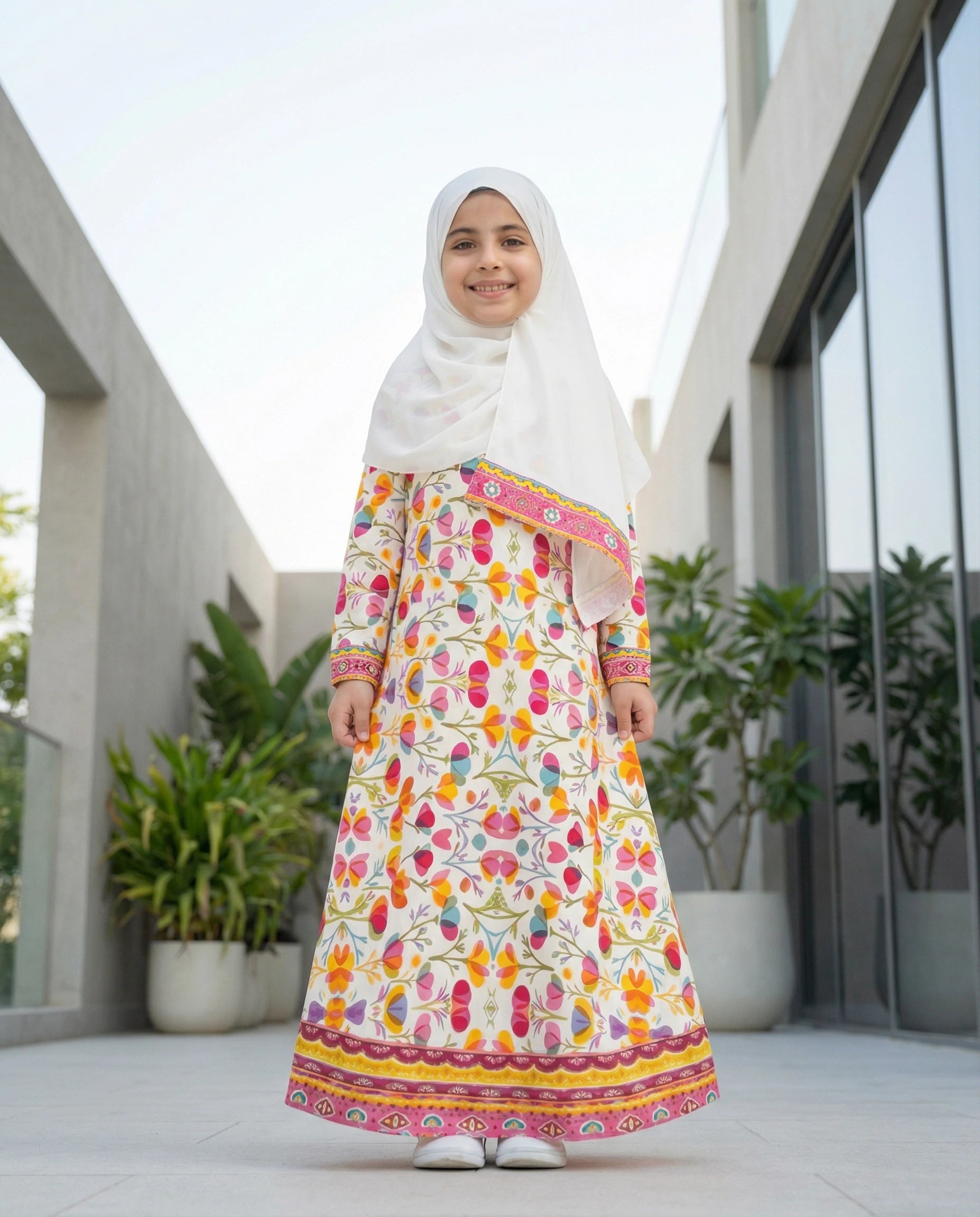 Front view of Flora A236 girls crinkle prayer dress – soft printed fabric
