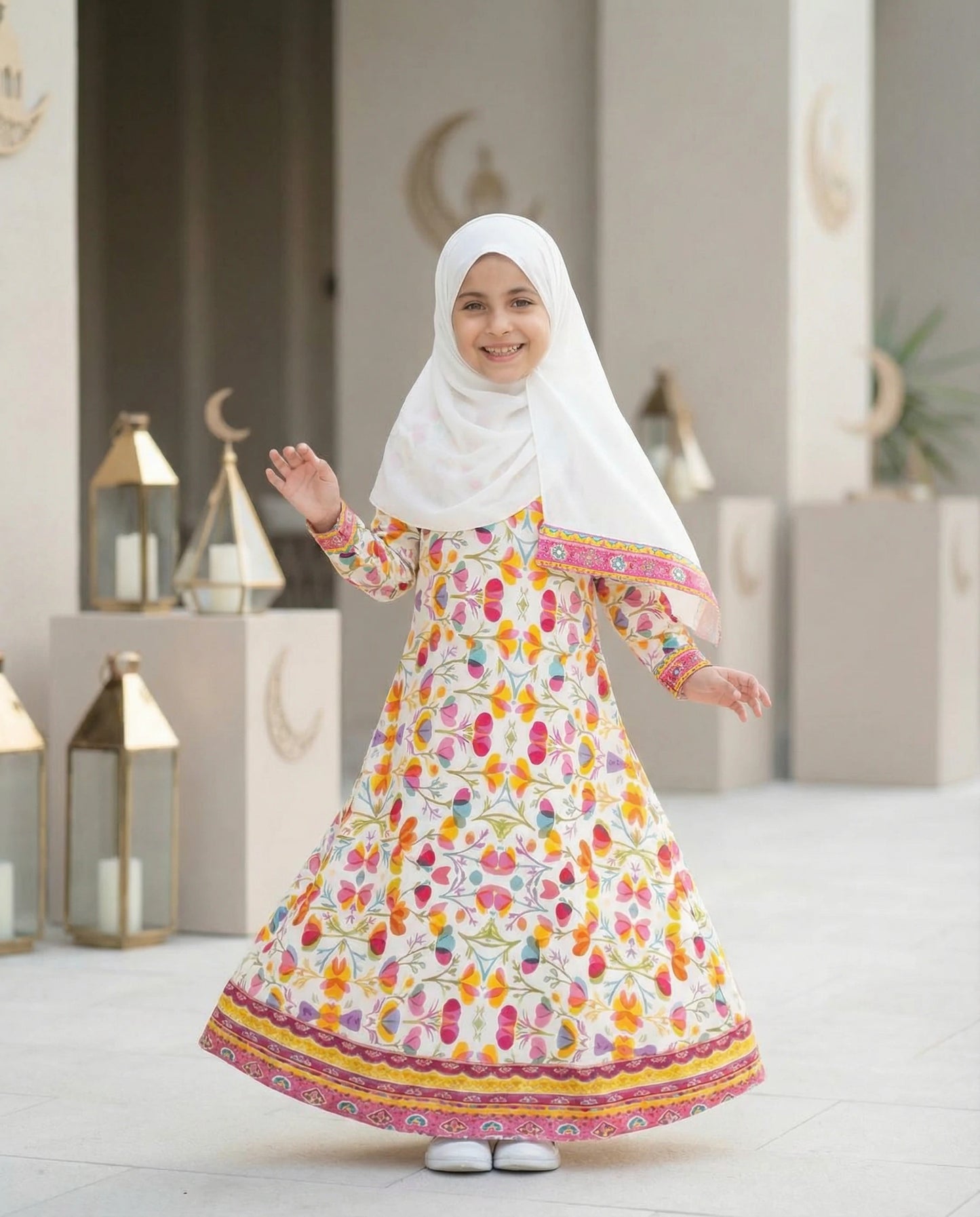 Side view of Flora A236 printed crinkle prayer dress for kids
