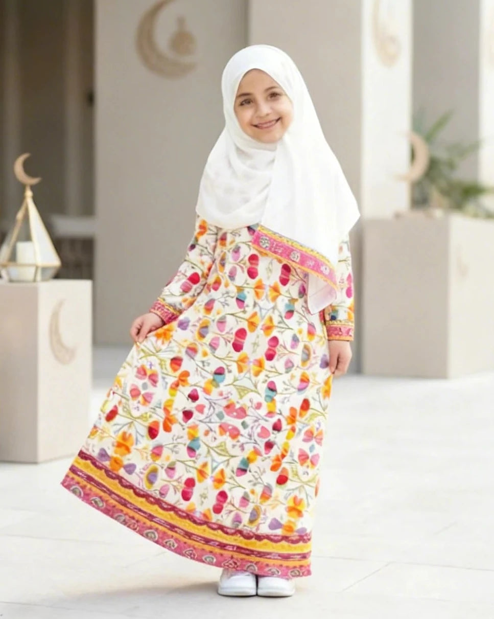 This kids prayer isdal is designed to combine comfort, modesty, and elegance for young girls. Made from high-quality crinkle fabric, it features a soft texture and lightweight feel that allows easy movement throughout the day.