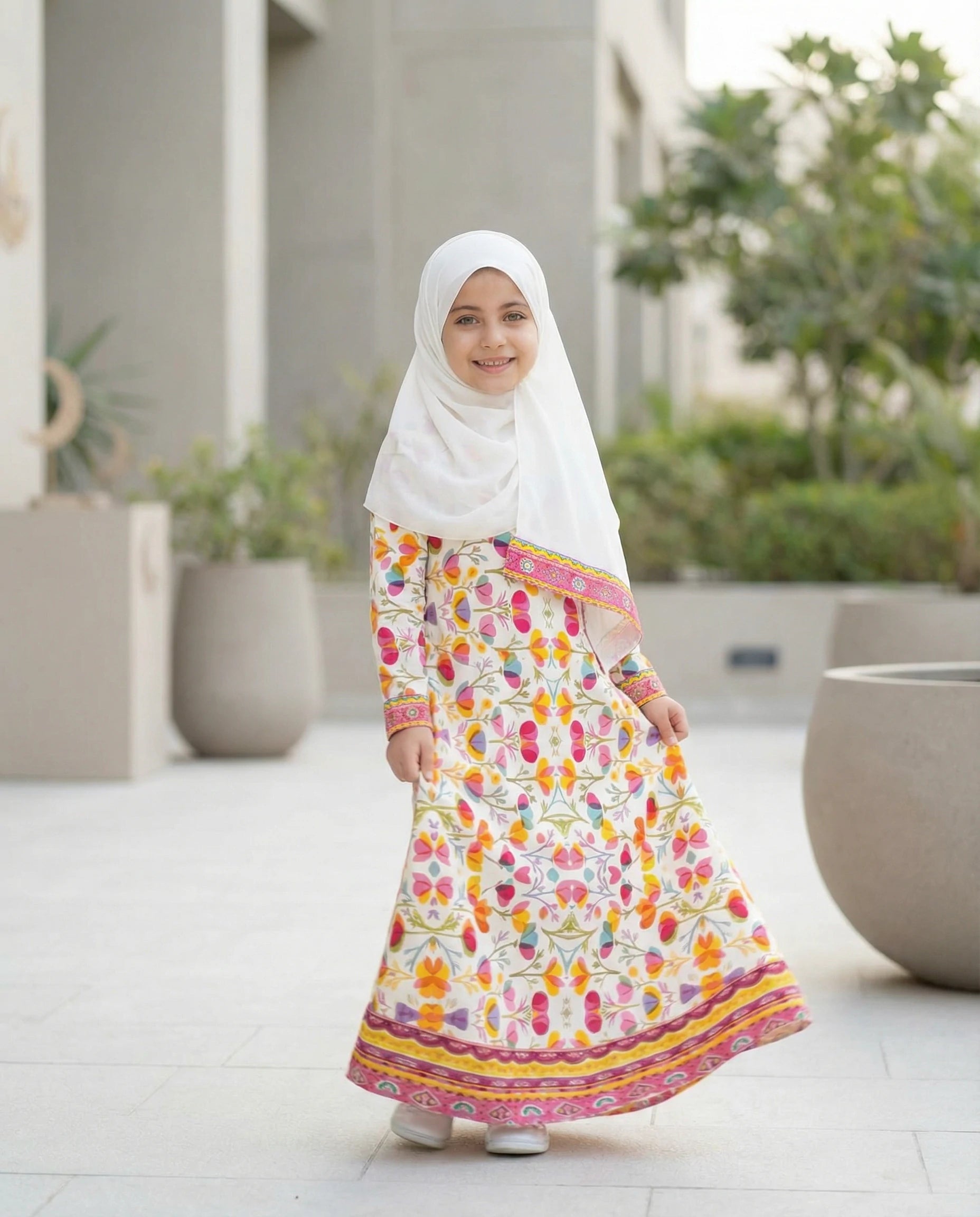 Girls crinkle printed prayer dress Flora A236 – modest full-length Islamic outfit
