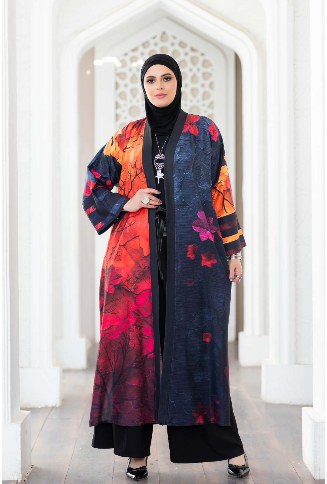 Vibrant floral digital print kimono from My Store's collection, showcased against a white architectural backdrop.