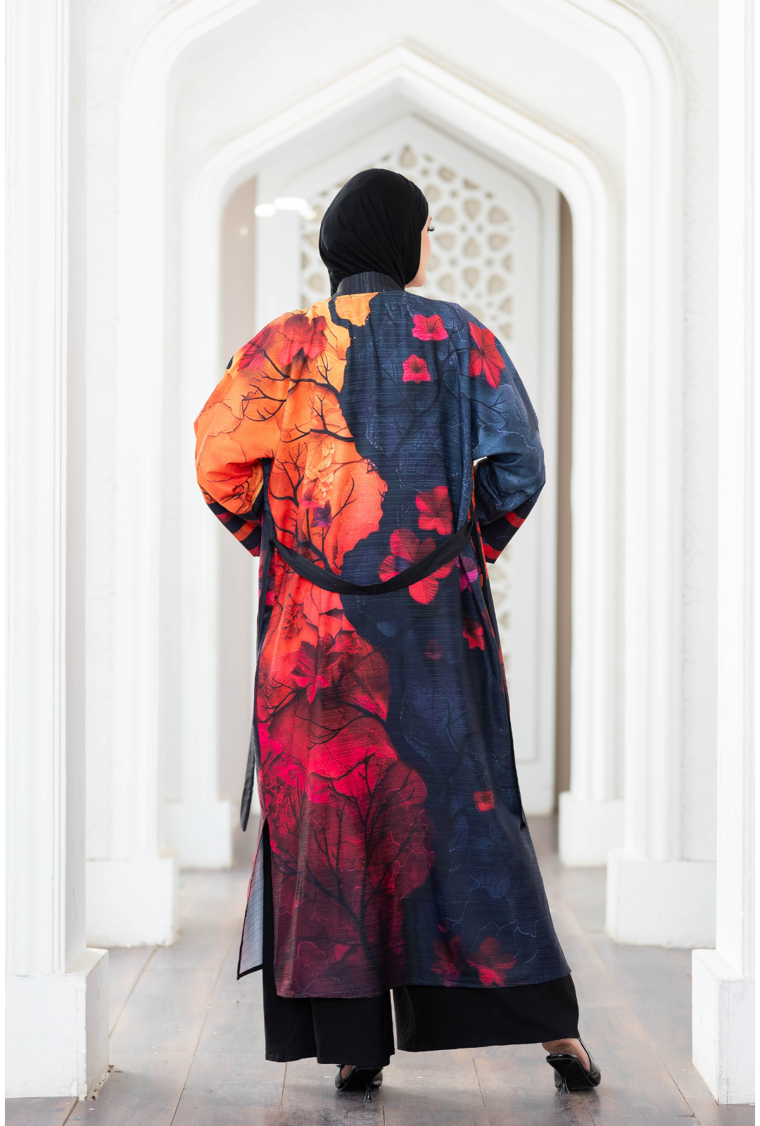 Vibrant floral digital print kimono showcased in modern setting