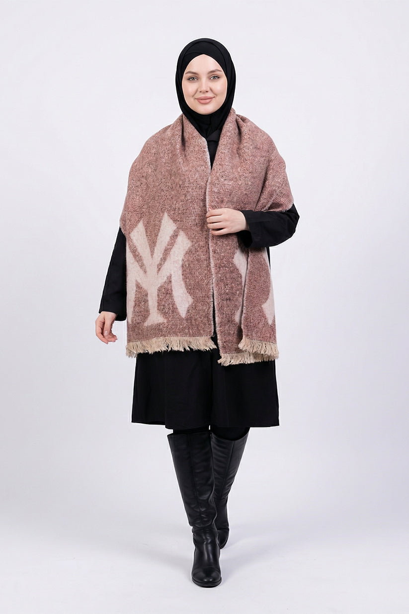 Woman wearing a pink scarf with a logo on a white background