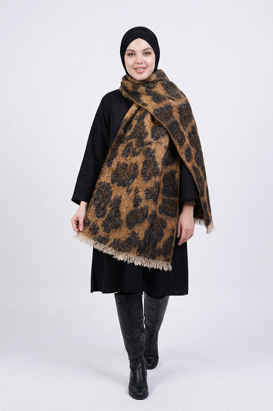 Woman wearing a leopard print scarf on a white background