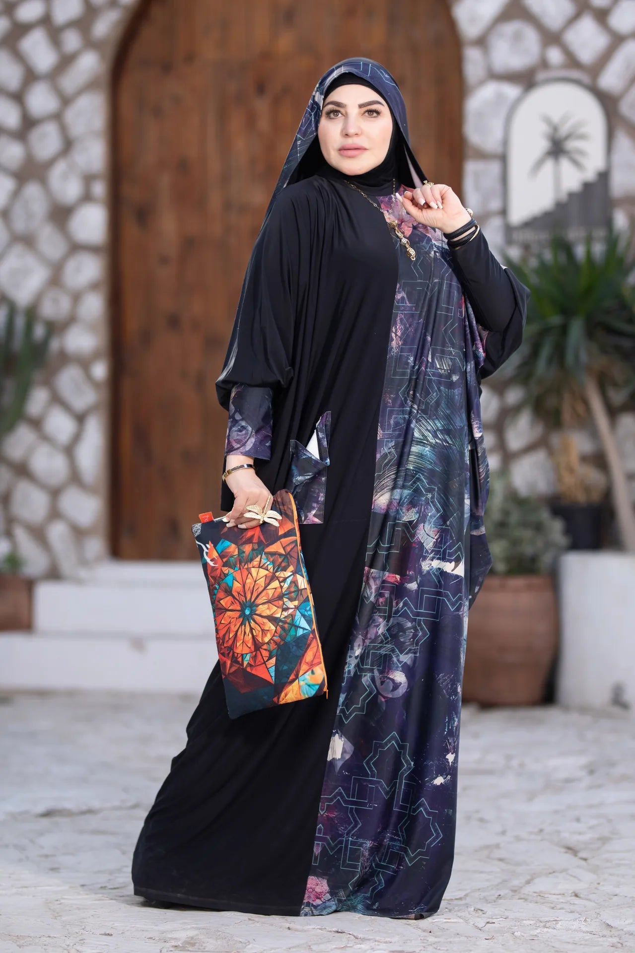 Front view of elegant modest garment with timeless and refined appearance
