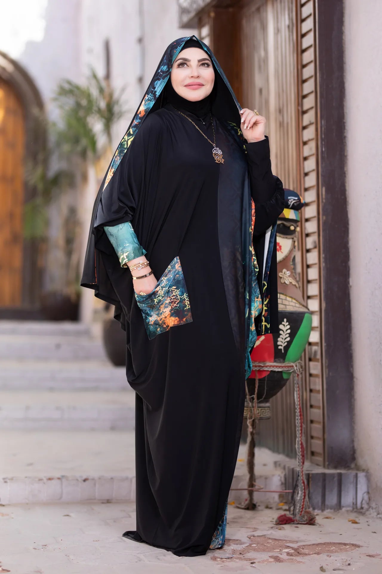 Model wearing serene isdal designed for comfort and timeless modest style
