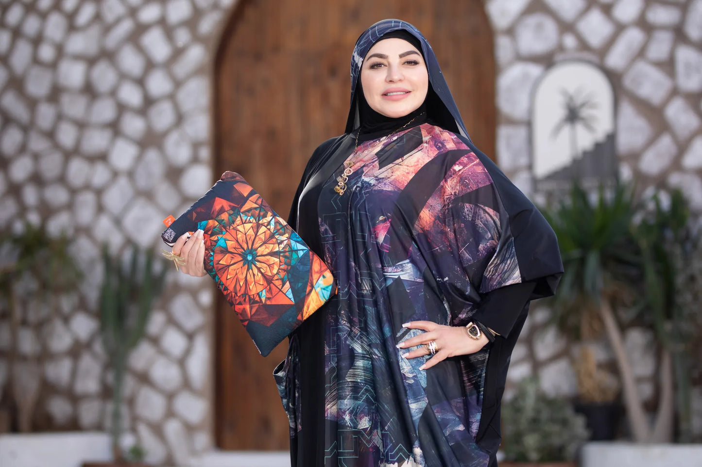 Flowing modest garment in motion showing ease of movement and comfort
