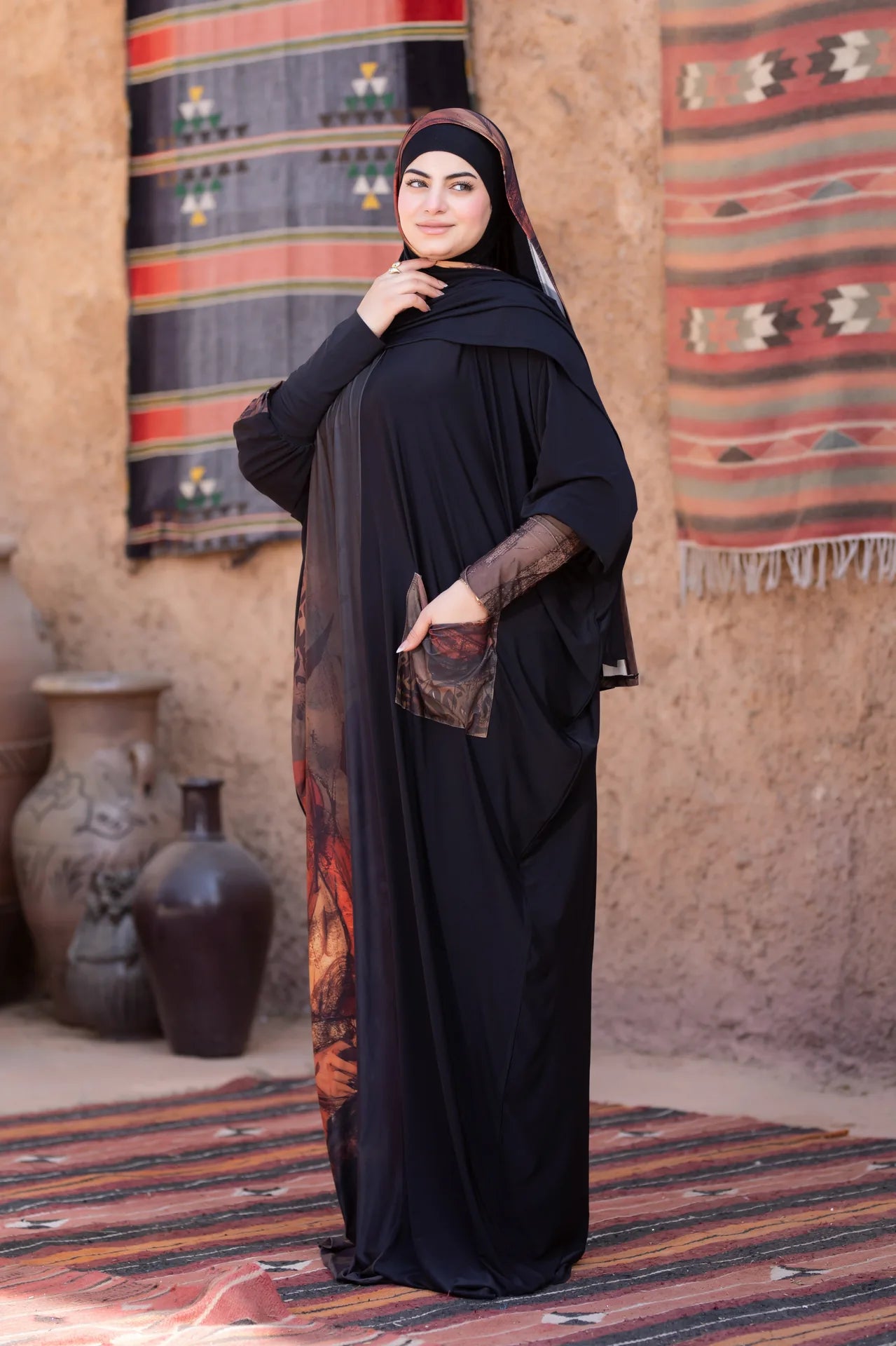 Side view of flowing isdal highlighting soft movement and feminine presence
