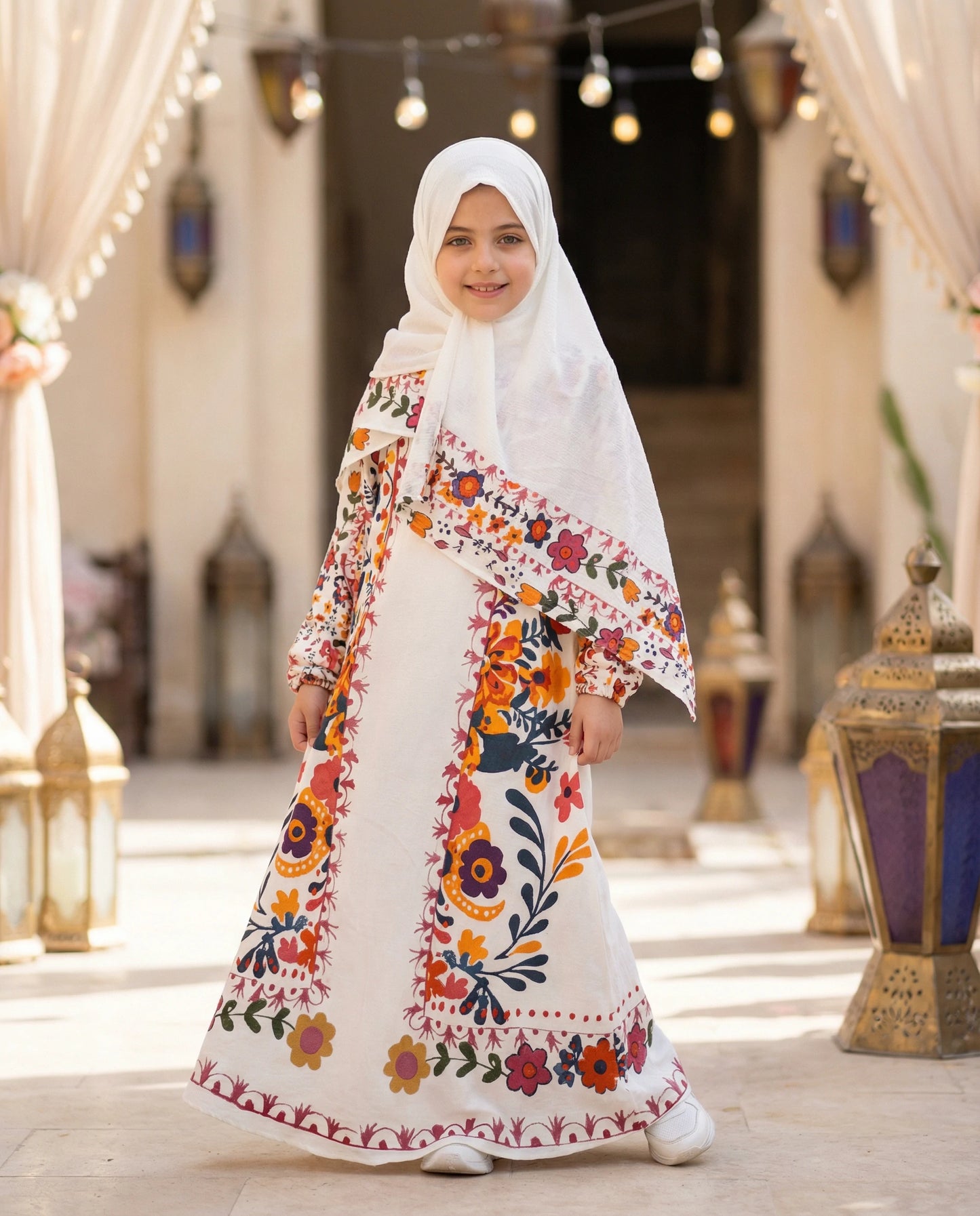 Girls Islamic prayer isdal made from durable crinkle fabric suitable for repeated washing.
Lightweight and modest design tailored specially for children.
