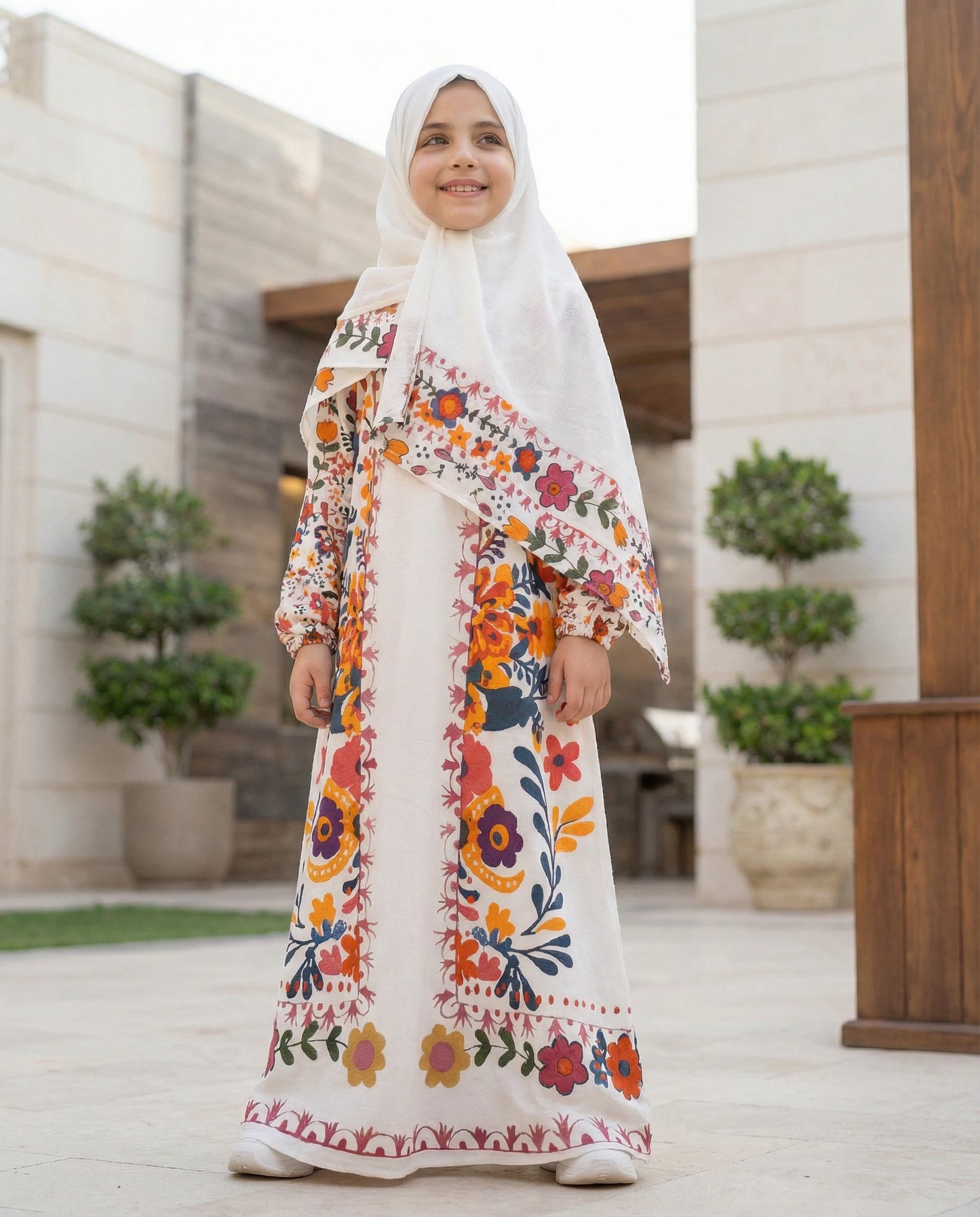 This children's abaya features a delightful and elegant design, crafted from soft crinkle fabric with a sophisticated look, ensuring your little girl looks modest and beautiful while remaining comfortable all day long.