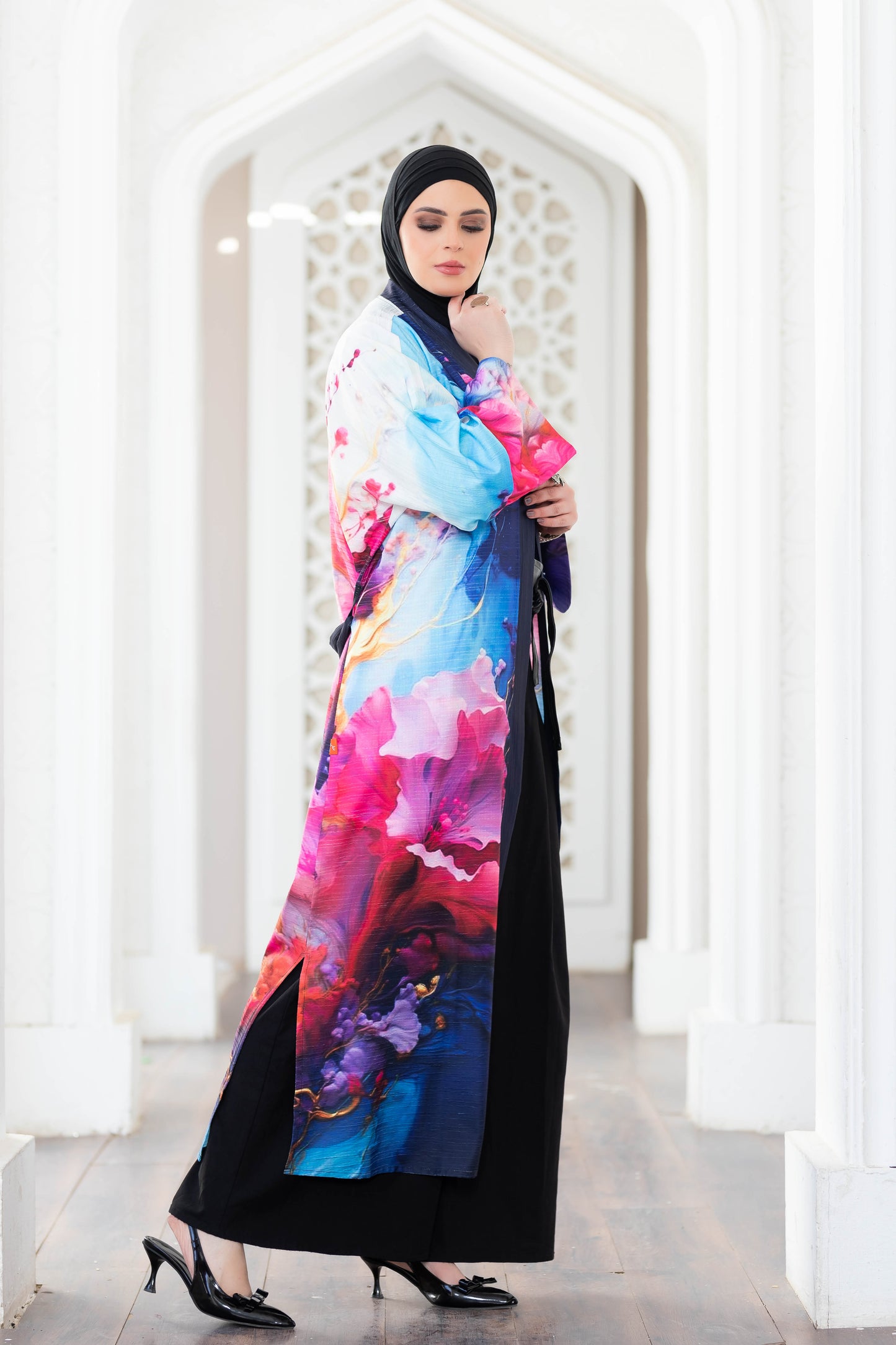 Elegant multicolored digital print kimono from My Store's collection, displayed in front of a decorative white archway.