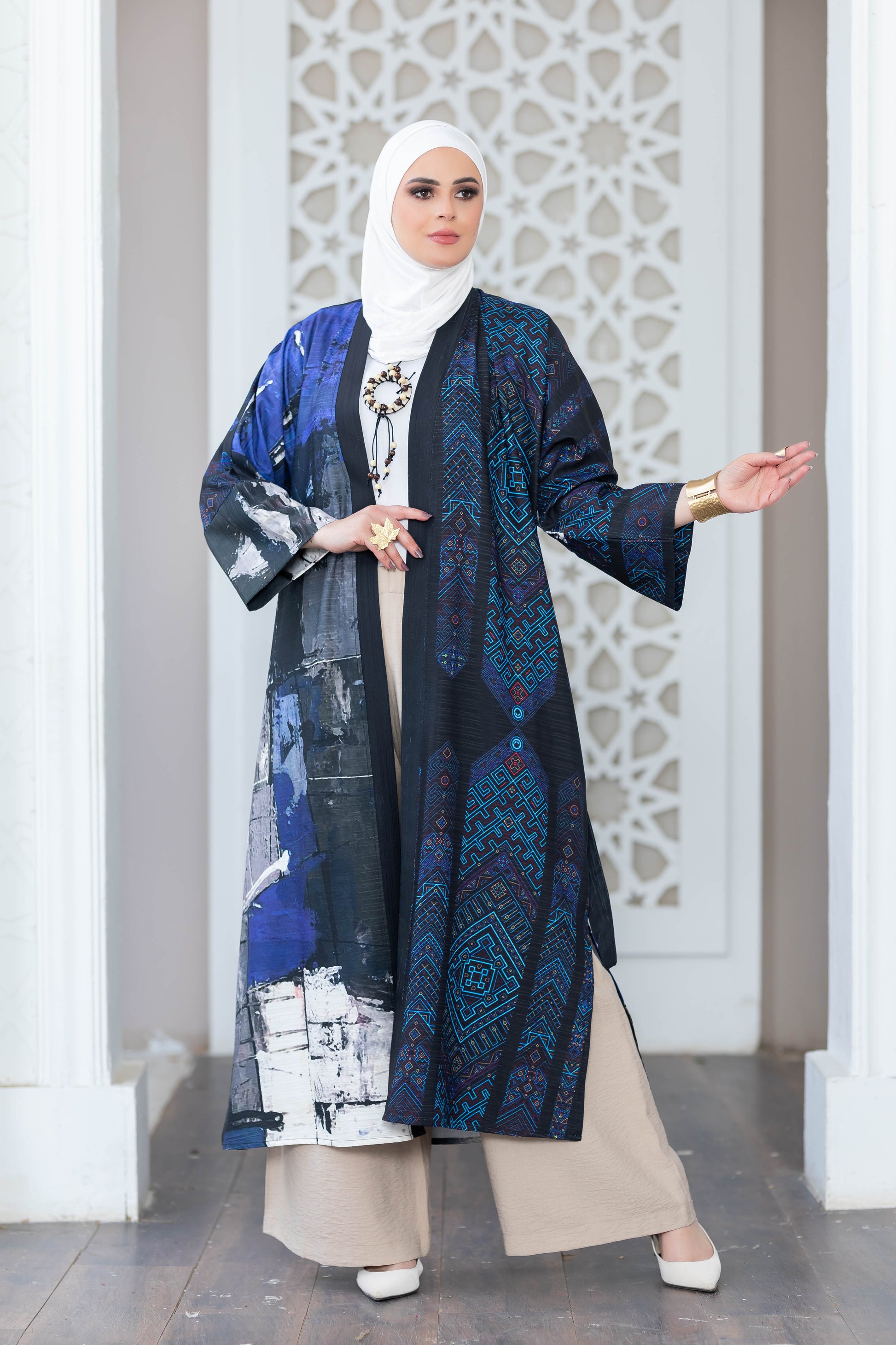 Digital print kimono 777148 from My Store, featuring a colorful and intricate patterned design in shades of blue, with a flowing, open-front silhouette.