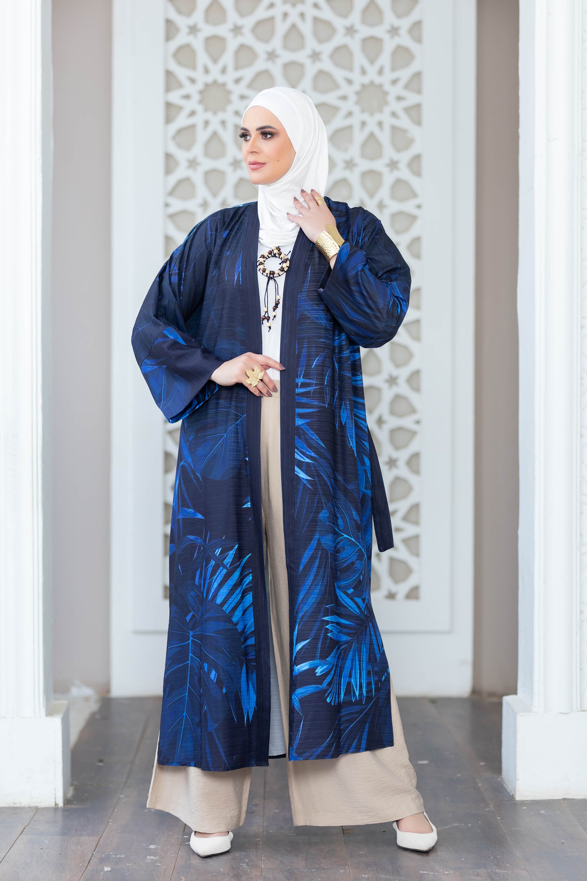 Blue and white digital print kimono with floral pattern and loose flowing sleeves
