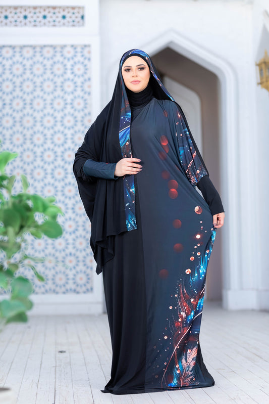 Modest Isdal 777175 floral-print abaya with hijab, elegant Islamic attire for stylish women
