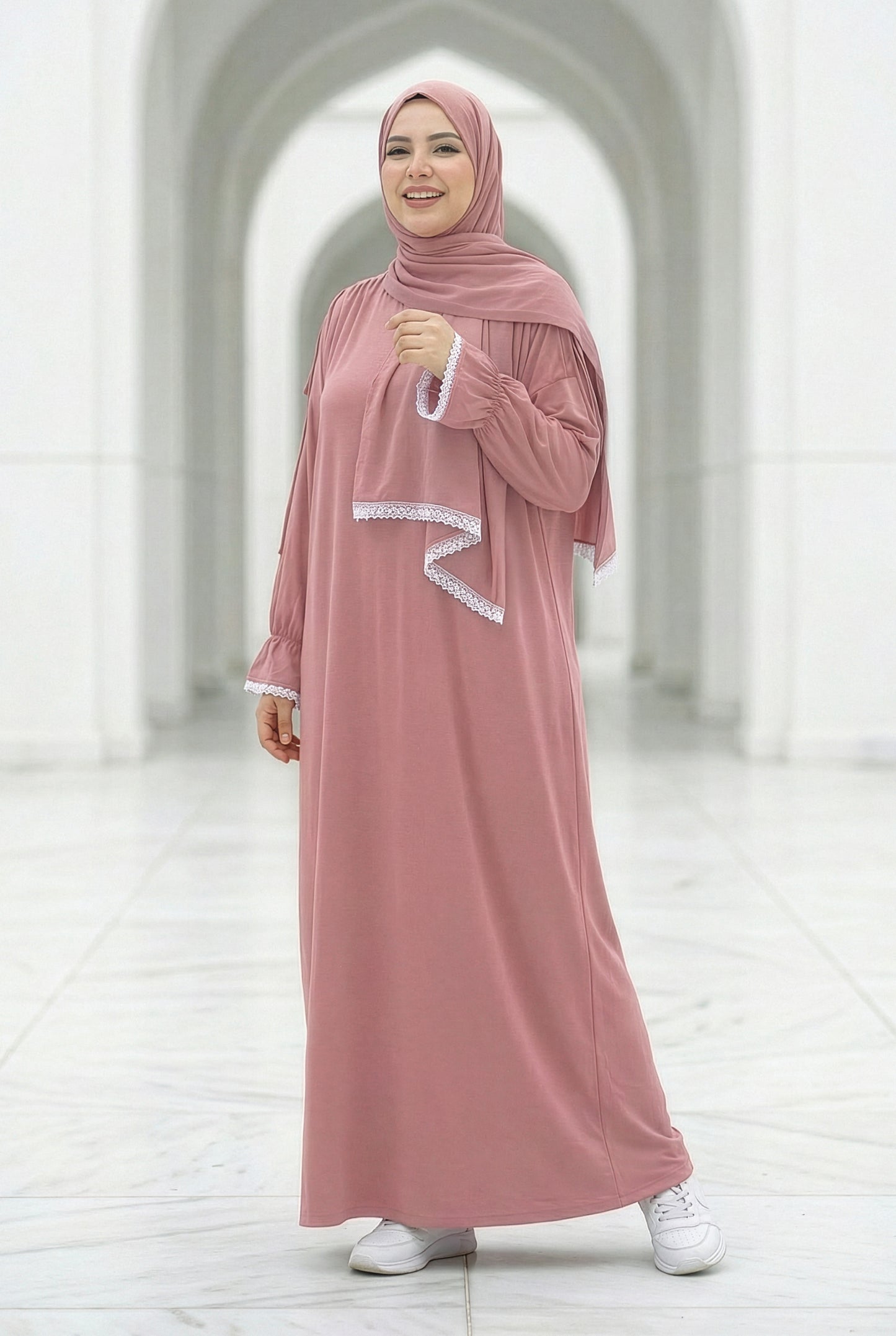 Dusty rose Grace Cotton Isdal with embroidered cuffs and modest flowing full-length fit

