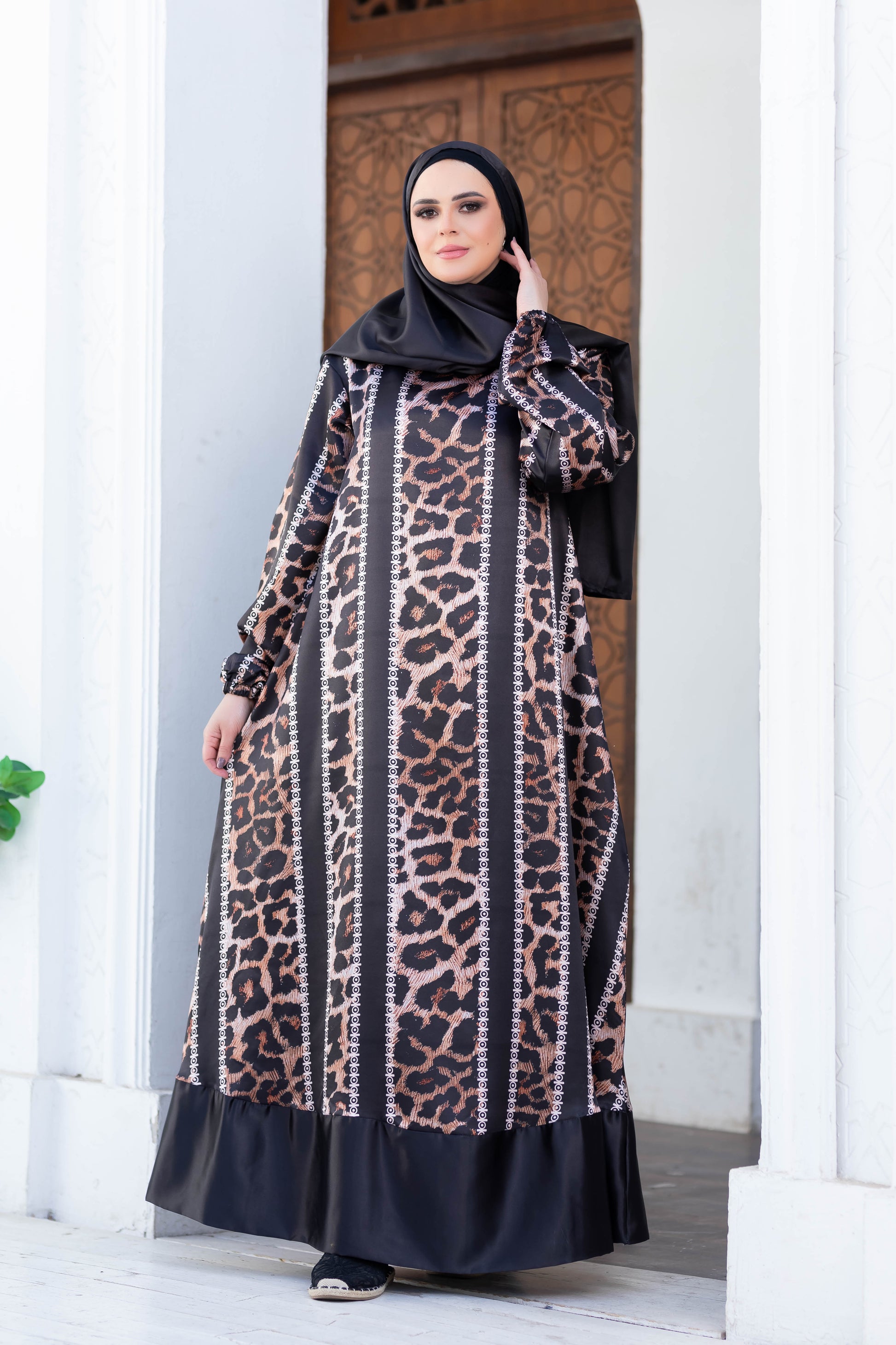 Modest leopard print dress with hijab, stylish Islamic fashion accessory