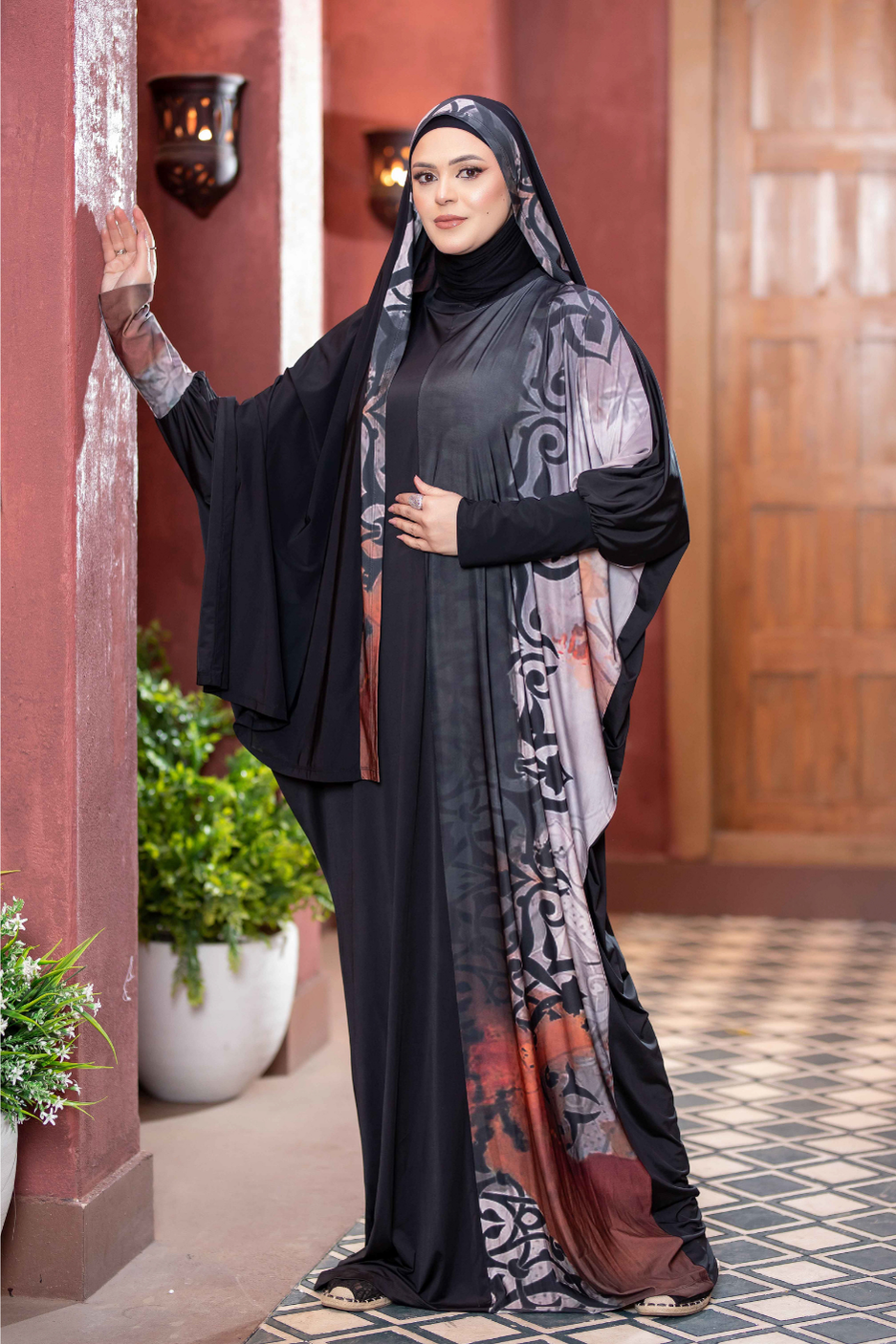 Satr Hejab 77764: Elegant Islamic woman's attire with intricate floral patterns, modest full-length dress and headscarf in a traditional style.