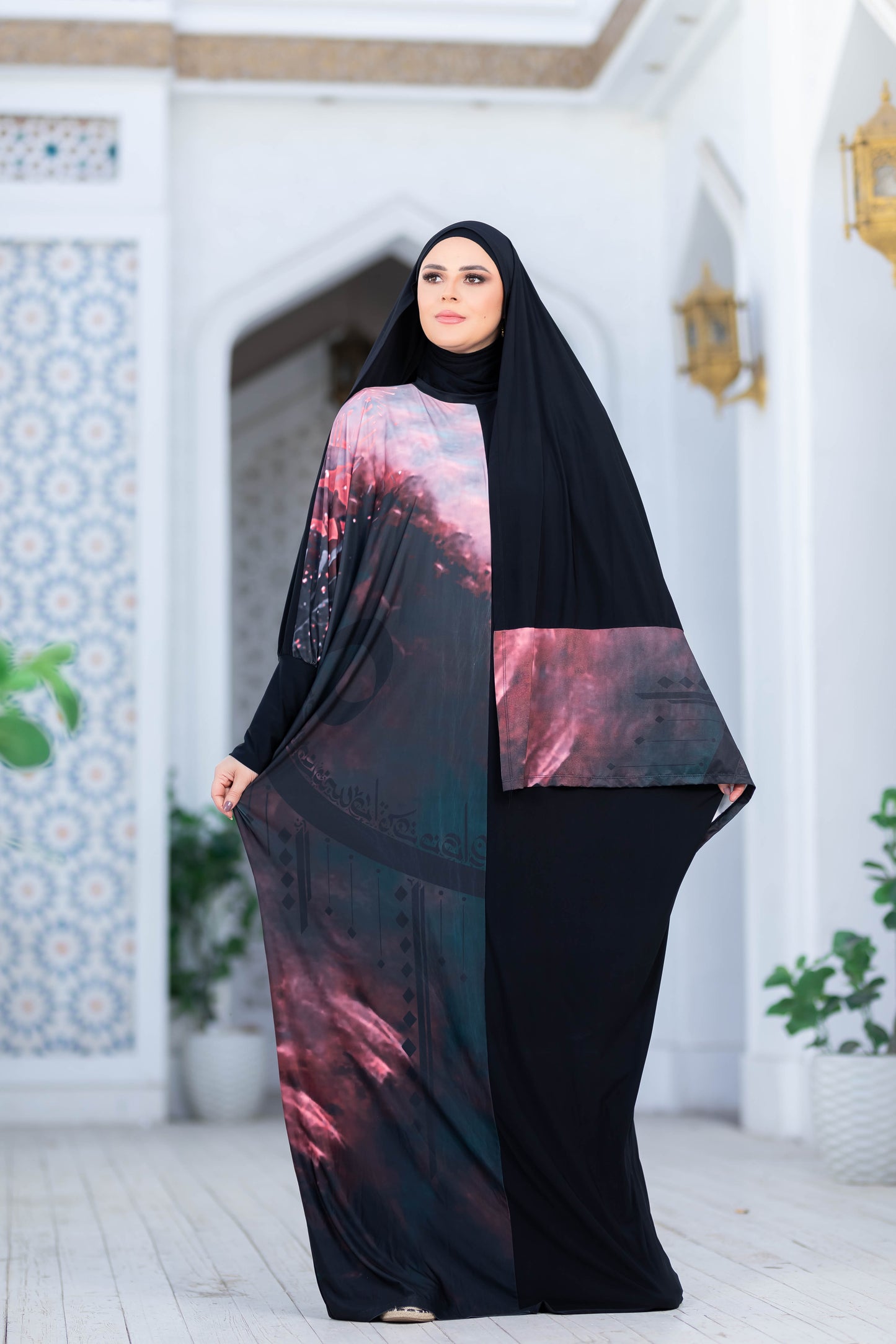 Modest Isdal 777119 - Vibrant tie-dye hijab dress with elegant draping, in a comfortable, modest style for modern Muslim women.