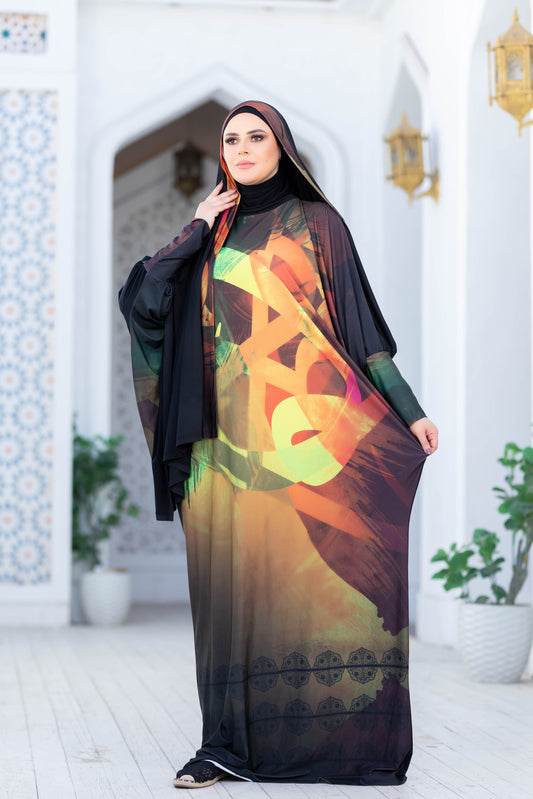 Colorful traditional Muslim dress with intricate patterns, woman standing in front of architectural backdrop