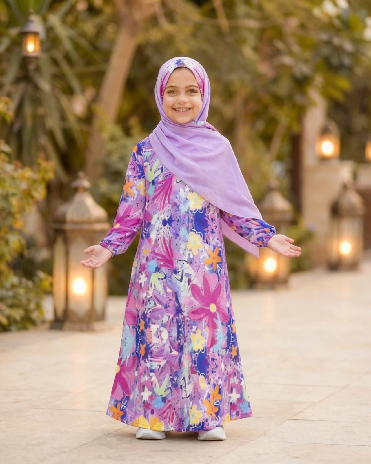 Full printed children’s isdal featuring soft crinkle fabric with a flowing elegant look.
Provides full coverage while remaining comfortable and easy to wear.
