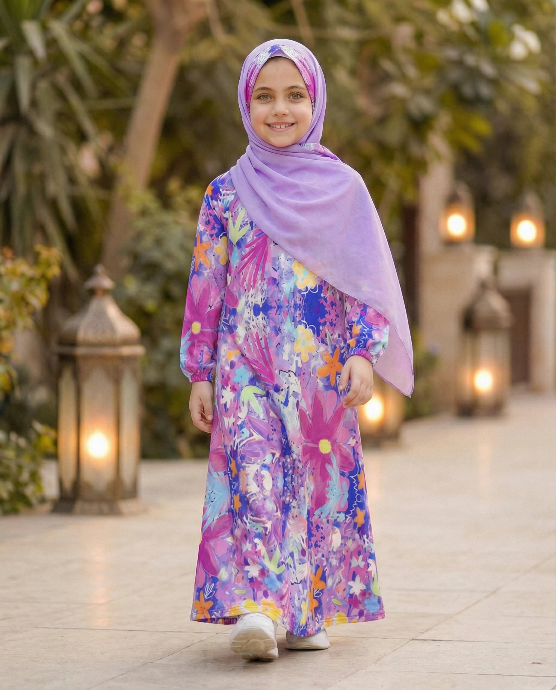 The fabric is fully printed with cheerful, child-friendly patterns, making it both modest and visually appealing. Its loose and flowing cut ensures comfort during daily activities, prayer, or family outings.