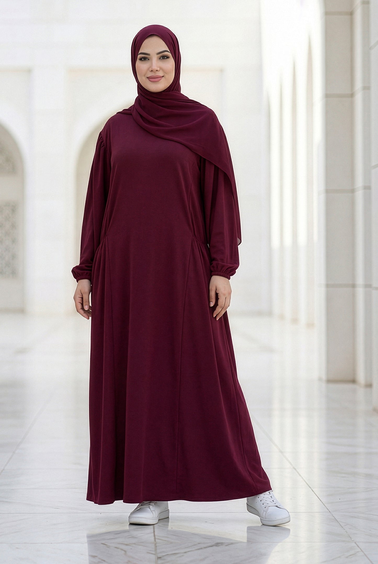 Deep burgundy Royale Cotton Isdal with side pockets, modest full-length flowing fit