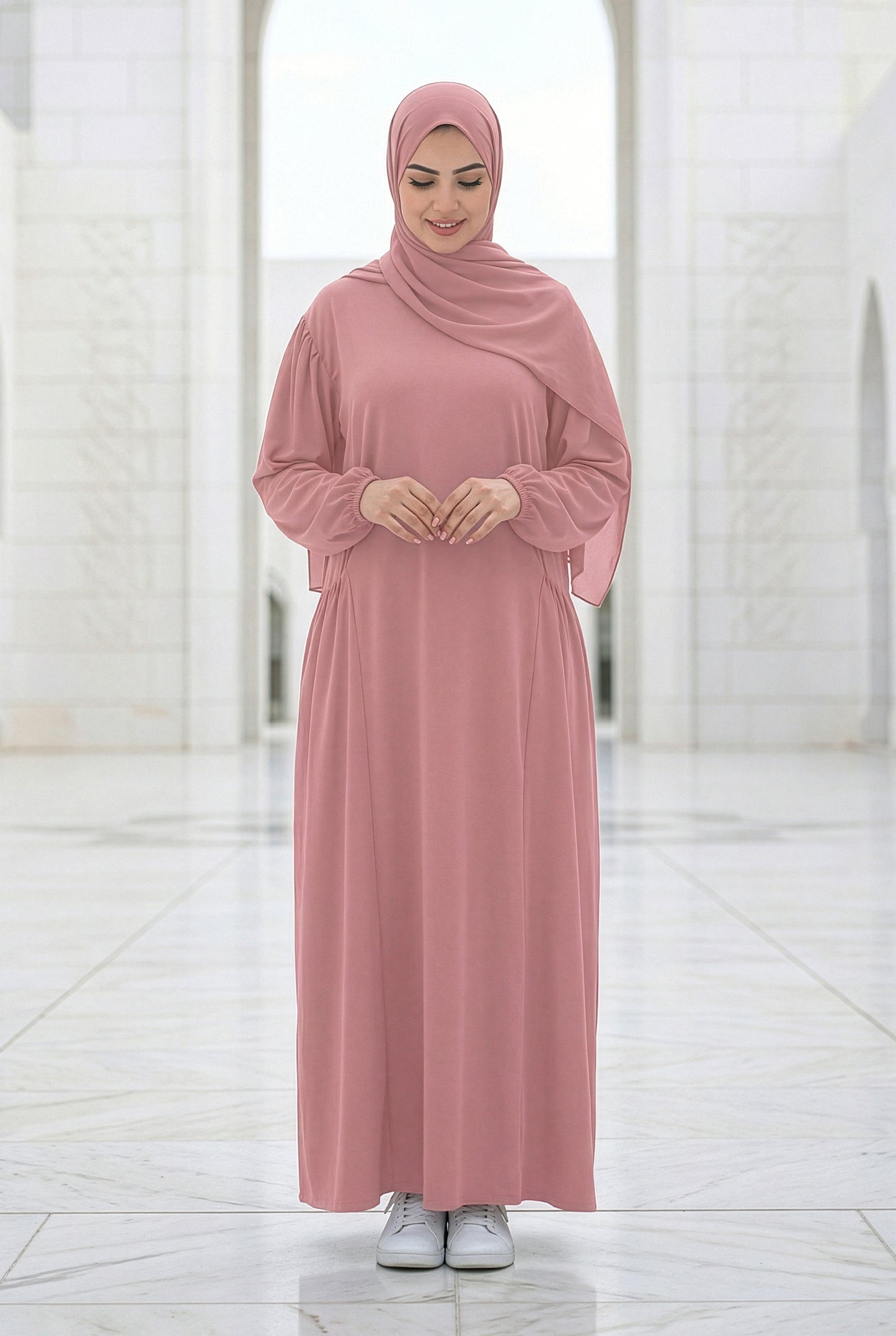 Dusty rose Royale Cotton Isdal with side pockets, modest full-length fit
