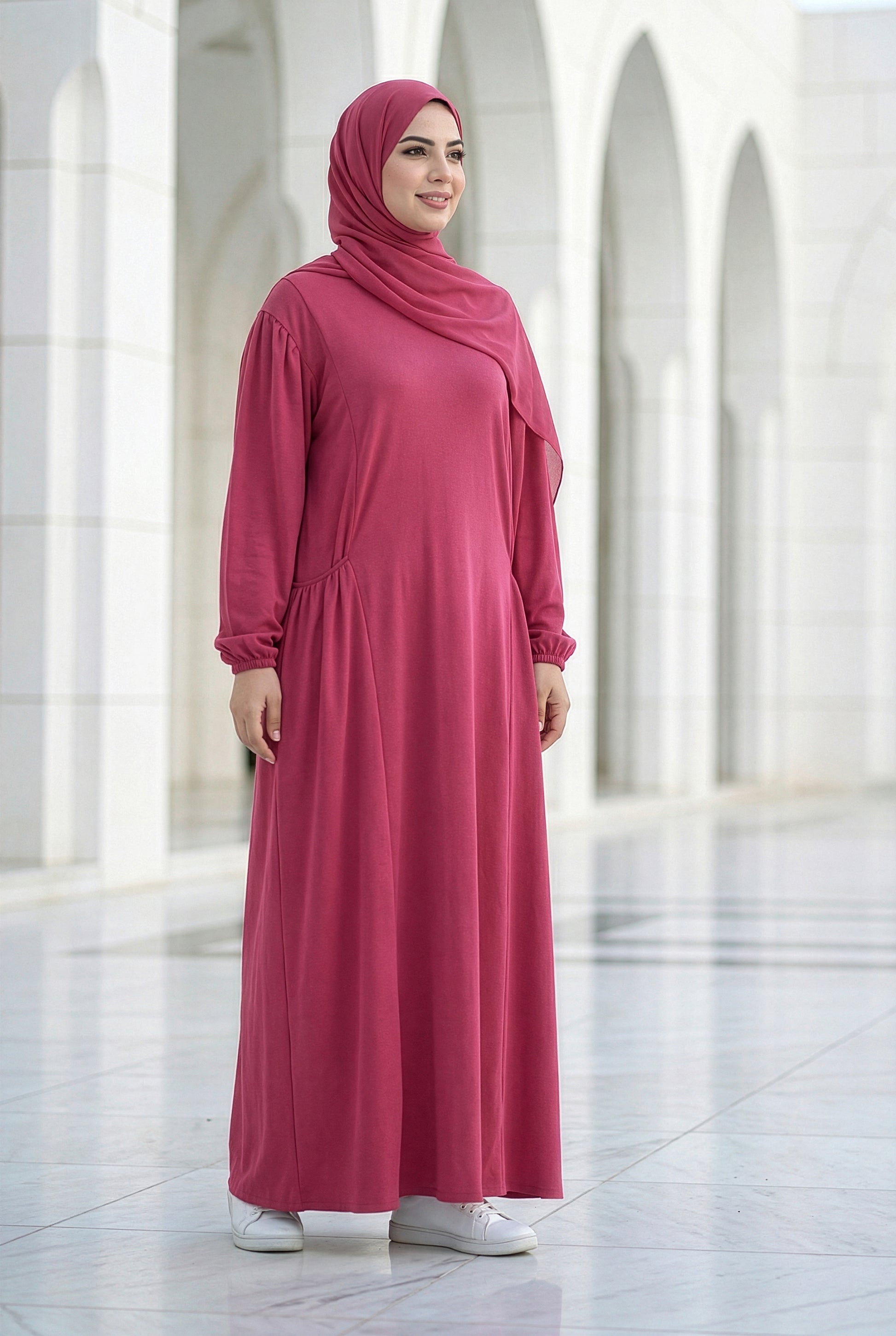 Raspberry pink Royale Cotton Isdal with side pockets, modest full-length flowing fit