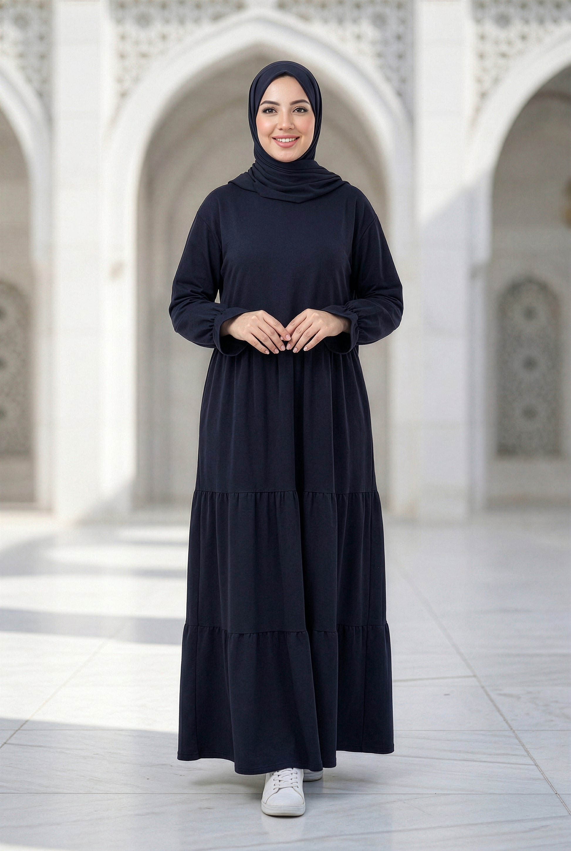 Black Soft Flow Isdal with flowing tiered silhouette and modest full-length fit