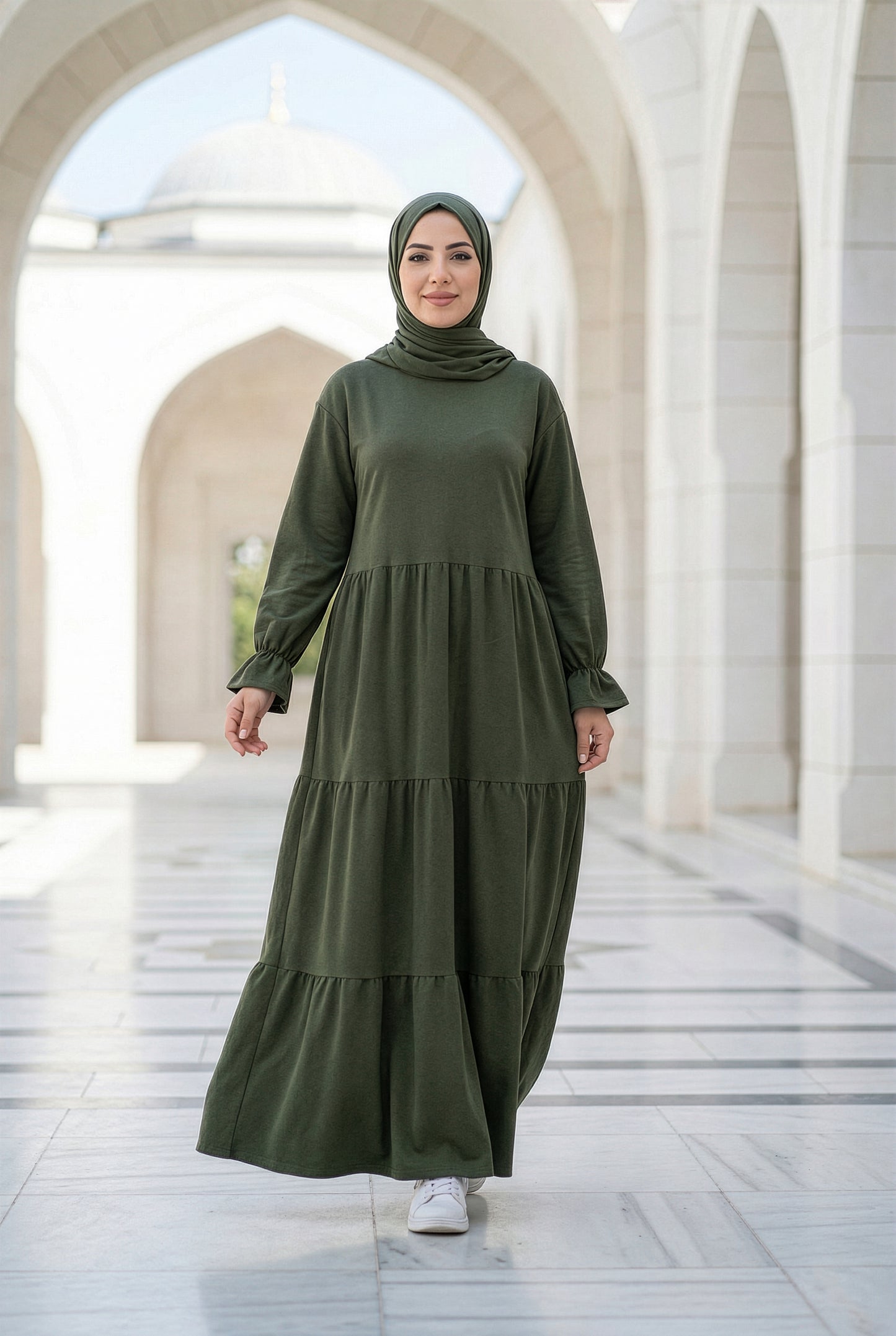 Dark olive Soft Flow Isdal with flowing tiered silhouette and modest full-length fit
