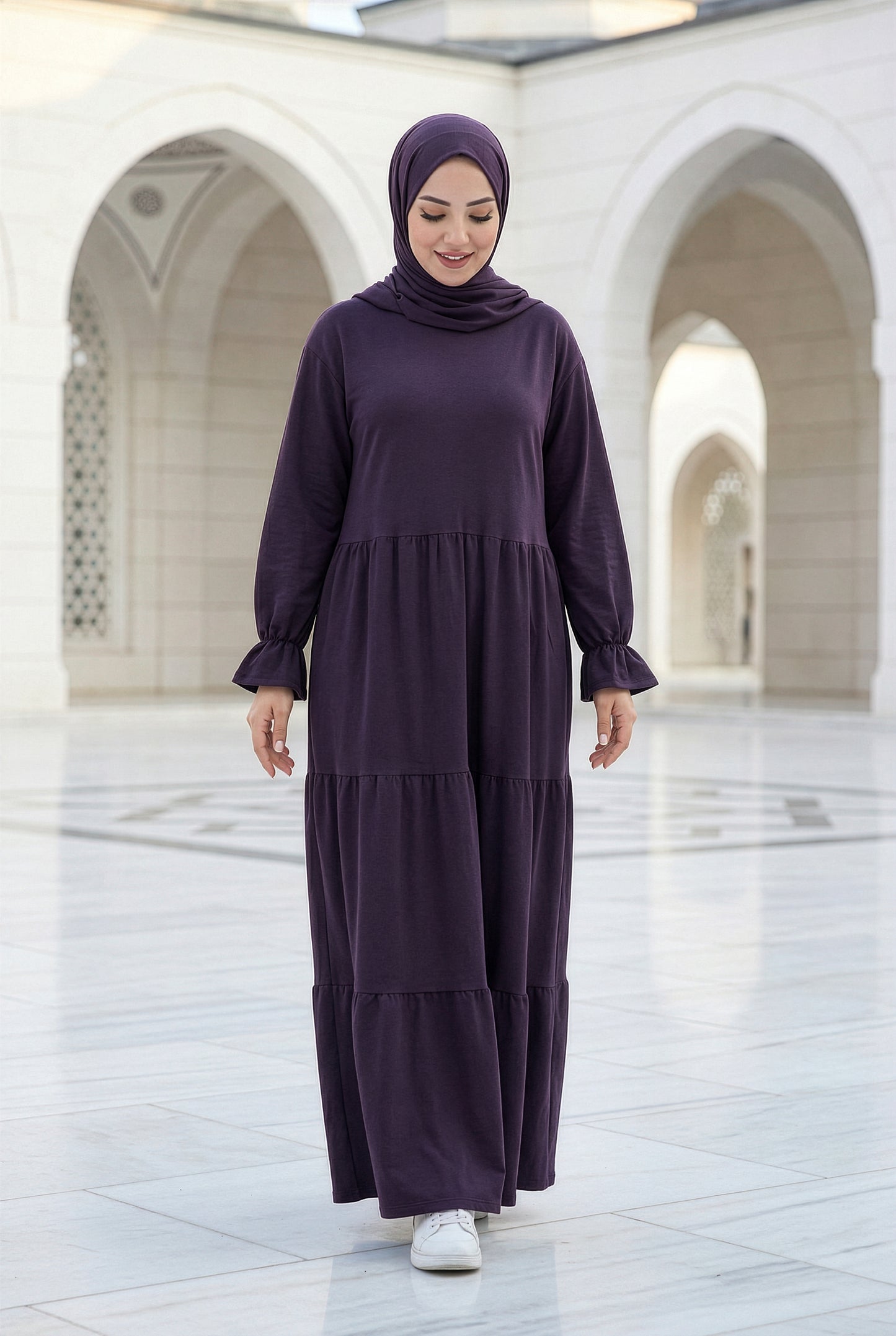 Deep plum Soft Flow Isdal with flowing tiered silhouette and modest full-length fit
