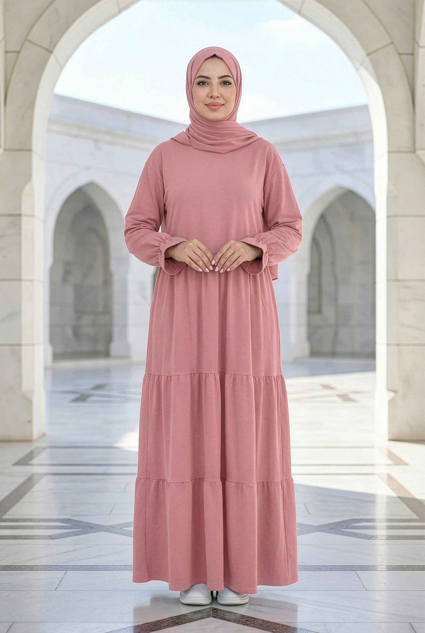 Dusty rose Soft Flow Isdal with flowing tiered silhouette and modest full-length fit