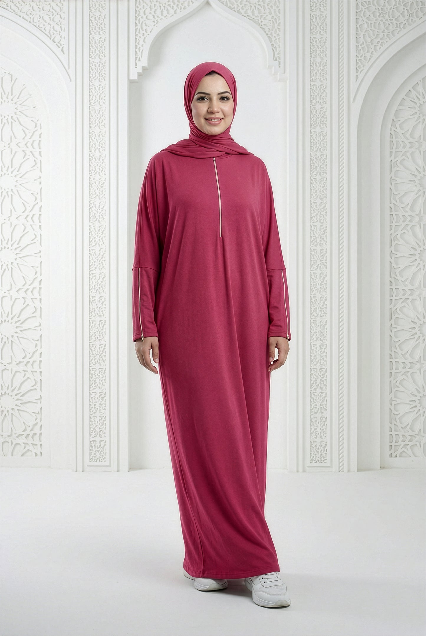 Dark fuchsia Umrah Cotton Isdal with zippered sleeves and chest zipper, modest full-length fit