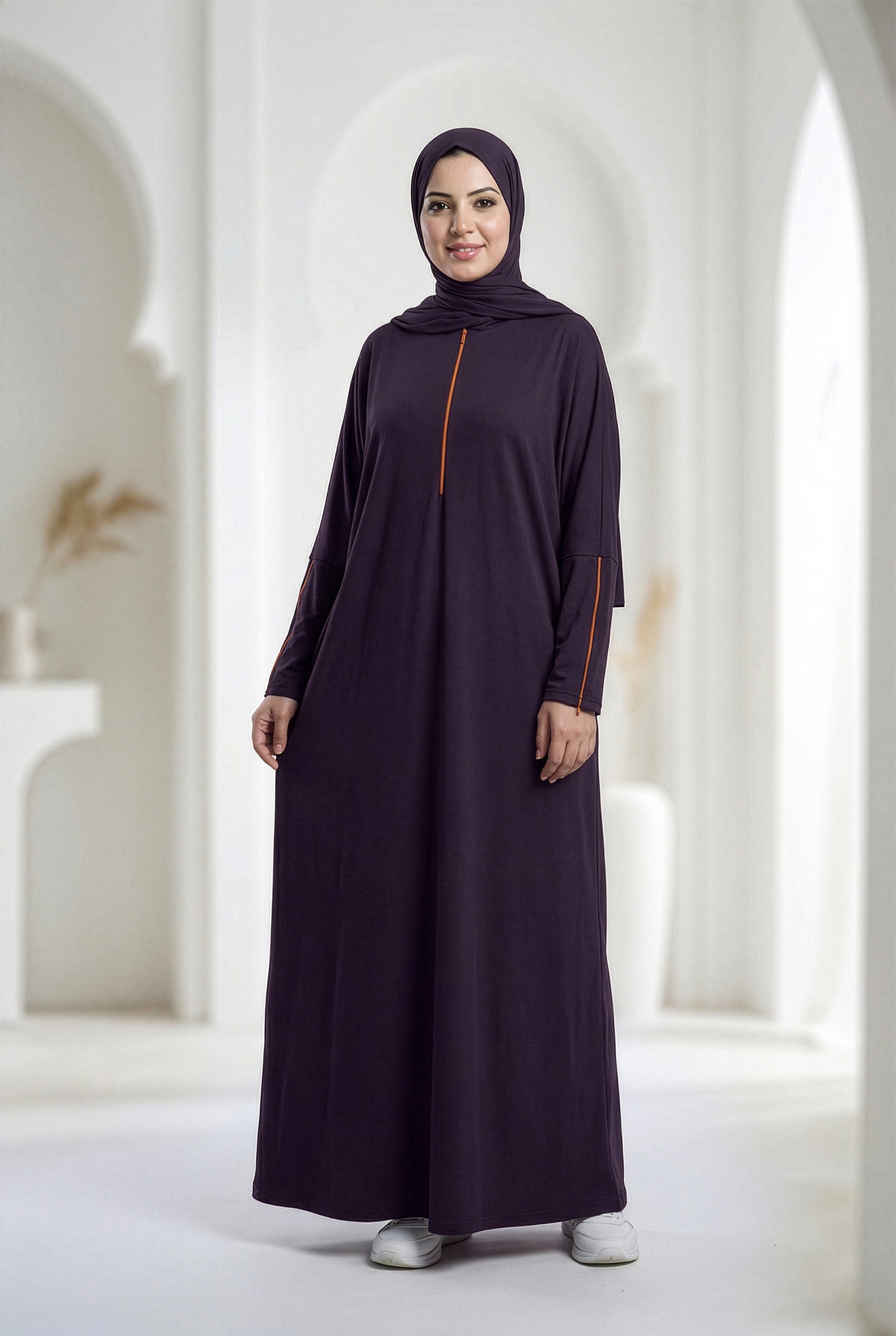 Deep plum Umrah Cotton Isdal with zippered sleeves and chest zipper, modest full-length fit