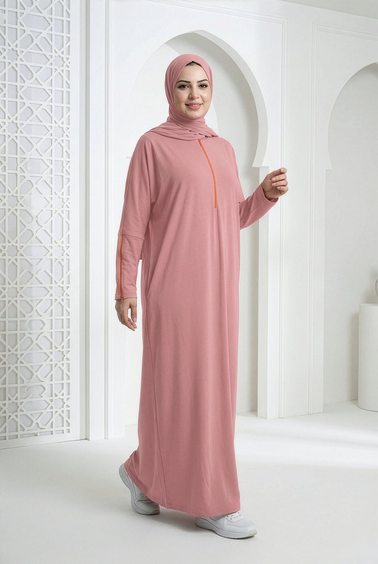 Dusty rose Umrah Cotton Isdal with zippered sleeves and chest zipper, modest full-length fit